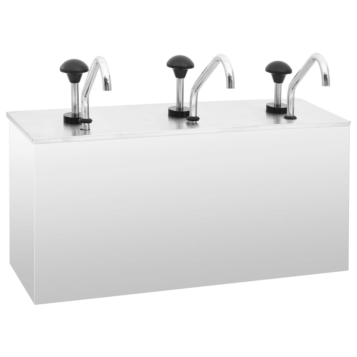 Ein Edelstahl-Gewürzspender mit drei Pumpen mit schwarzer Oberseite und gebogenen Ausgüssen, auf einem glänzenden rechteckigen Sockel.