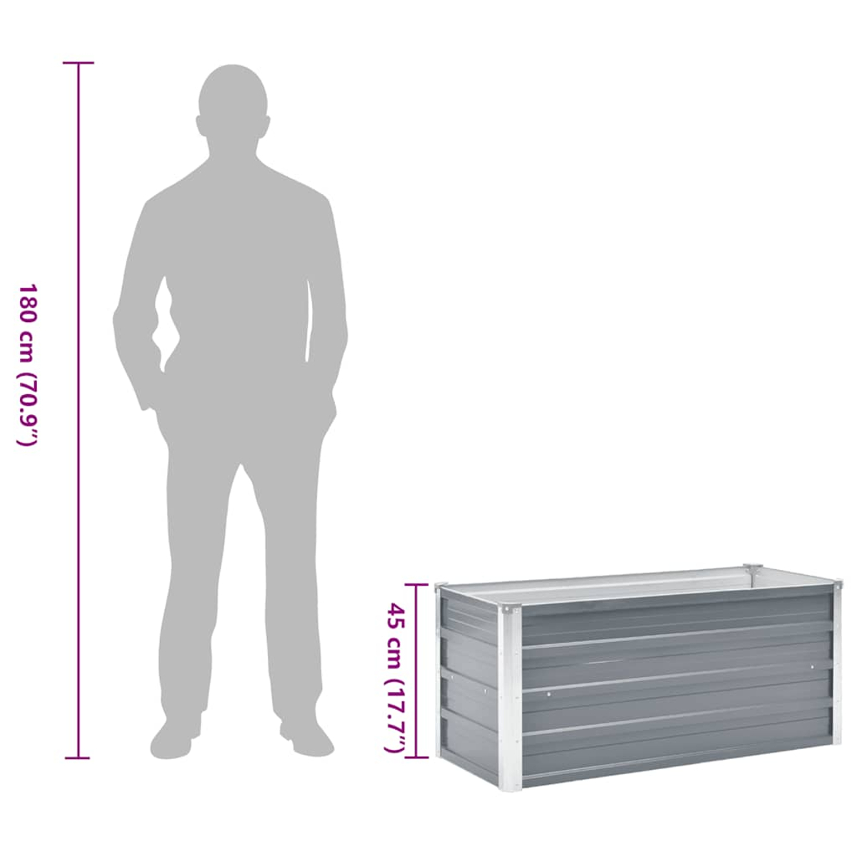 Eine Silhouette einer Person steht neben einem grauen Metallpflanzer. Abmessungen der Person und des Pflanzers sind angegeben.