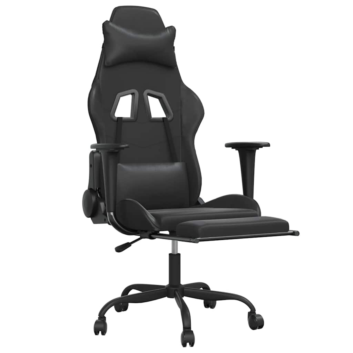 Schwarzer Gaming-Stuhl mit Kopfstütze, Armlehnen und Fußstütze. Er steht auf weißem Hintergrund.