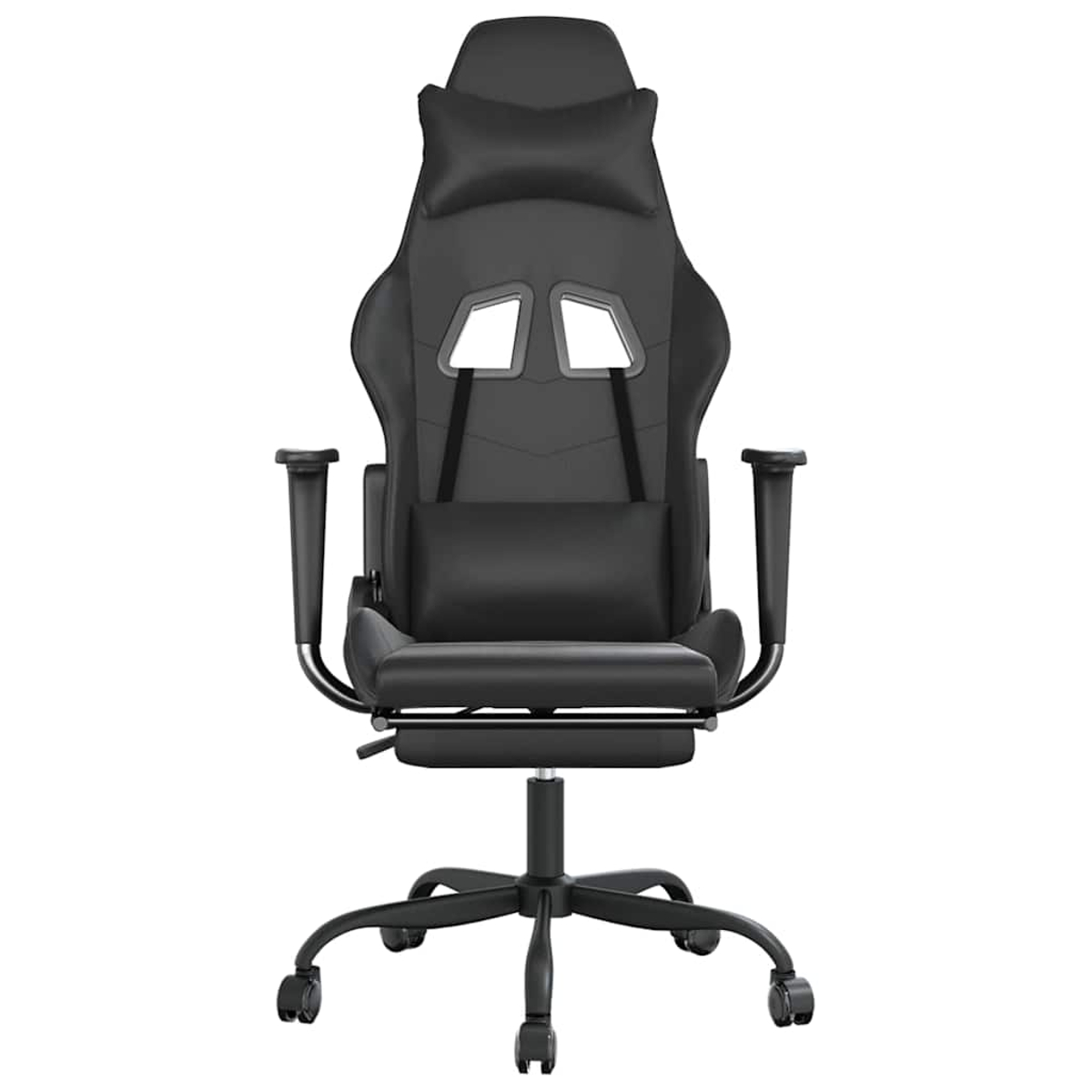 Schwarzer Gaming-Stuhl mit Kopfstütze und Lendenwirbelstütze, auf weißem Hintergrund. Mit Armlehnen, Rollen und einem Fünf-Sterne-Fuß.