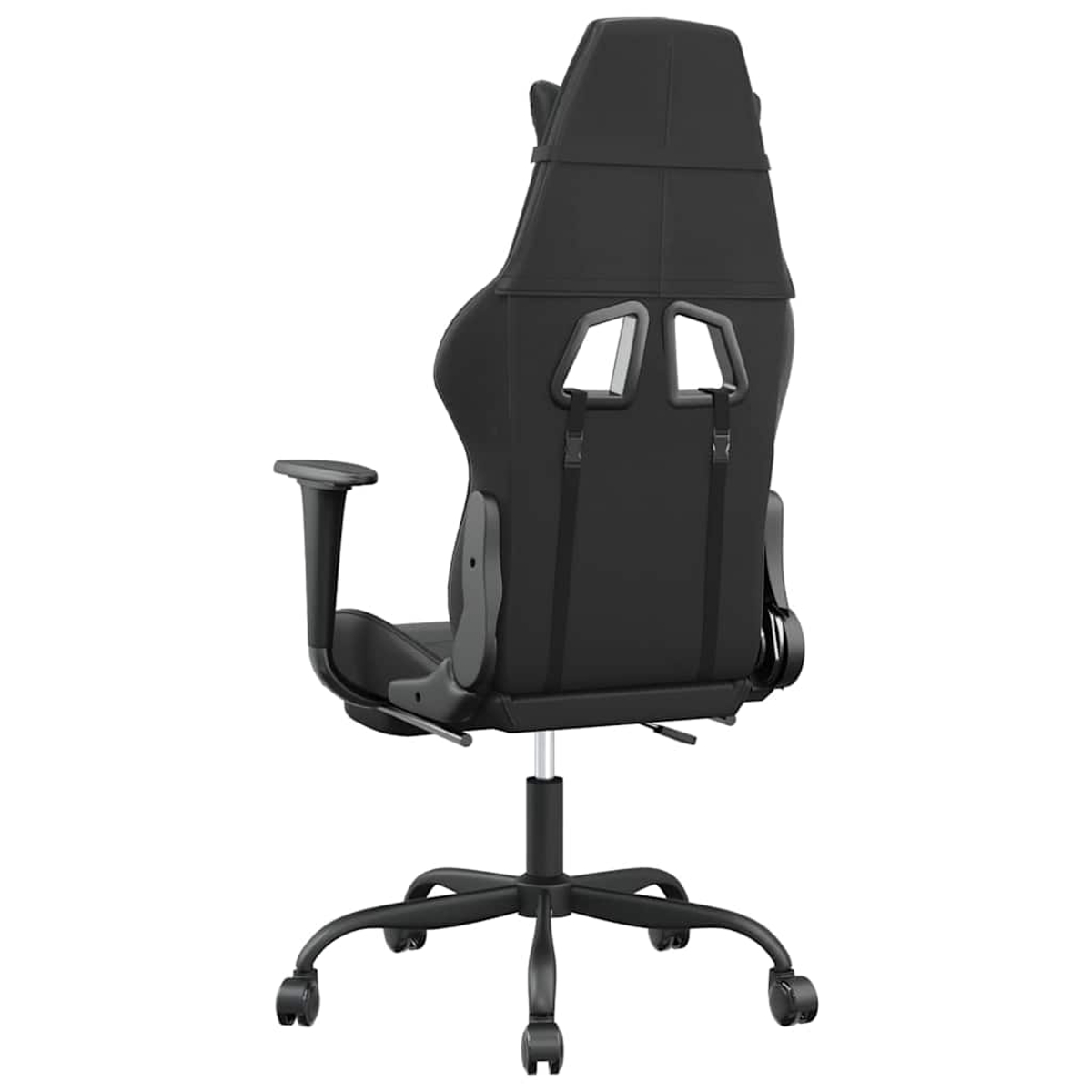 Schwarzer Gaming-Stuhl, Rückansicht. Merkmale: hoher Rücken, Armlehnen und ein Fünf-Sterne-Fuß mit Rädern. Der Hintergrund ist weiß.