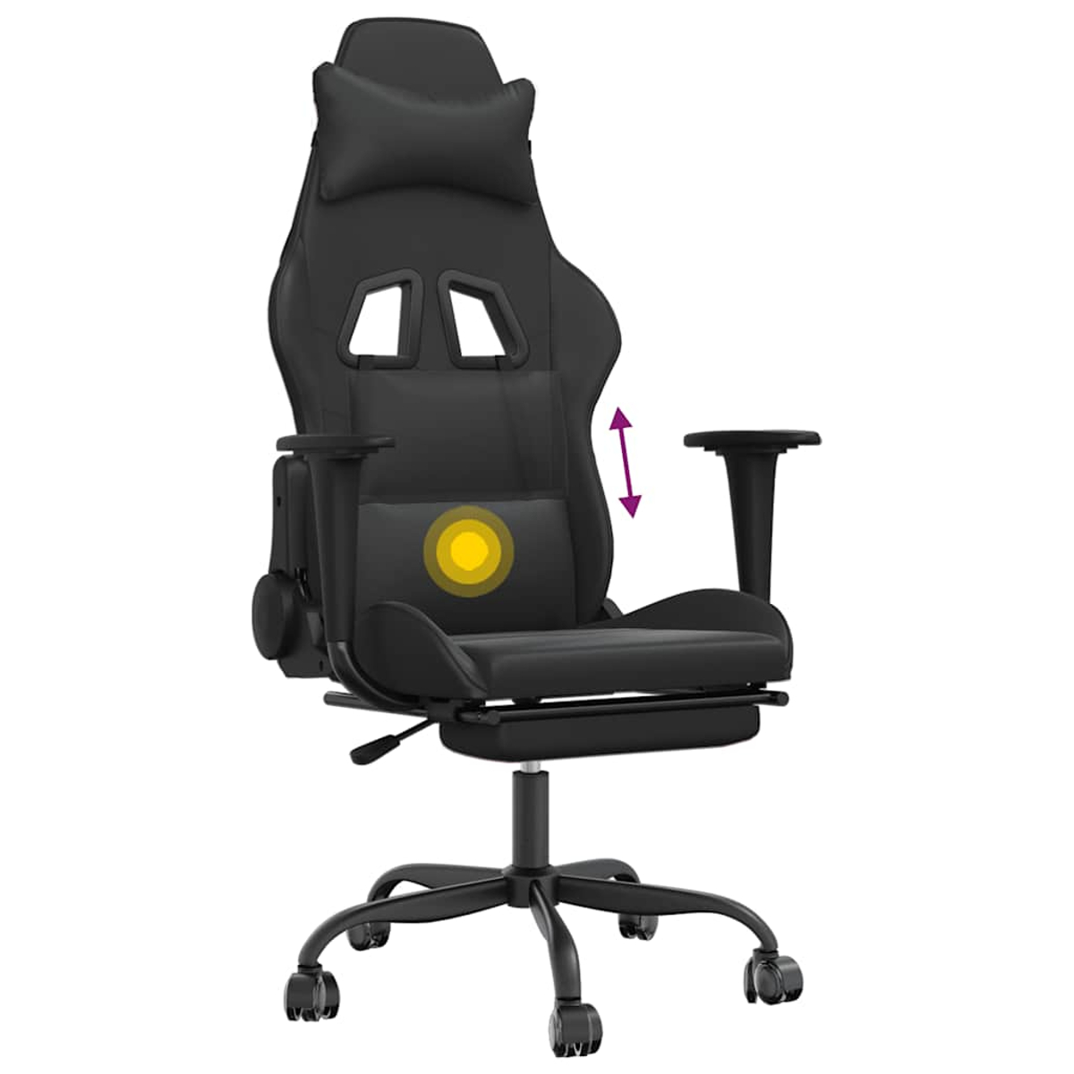 Schwarzer Gaming-Stuhl mit Kopf- und Lendenwirbelstütze. Mit Armlehnen, Rollen und Fußstütze. Gelber Kreis markiert die Lendenwirbelstütze.