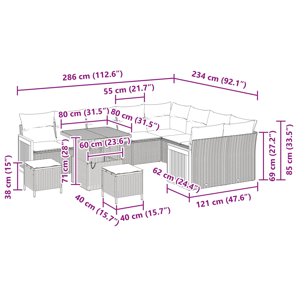 Gartenmöbel-Set aus Korbgeflecht. Enthält ein Ecksofa, einen Tisch und zwei kleine Hocker. Abmessungen angegeben.