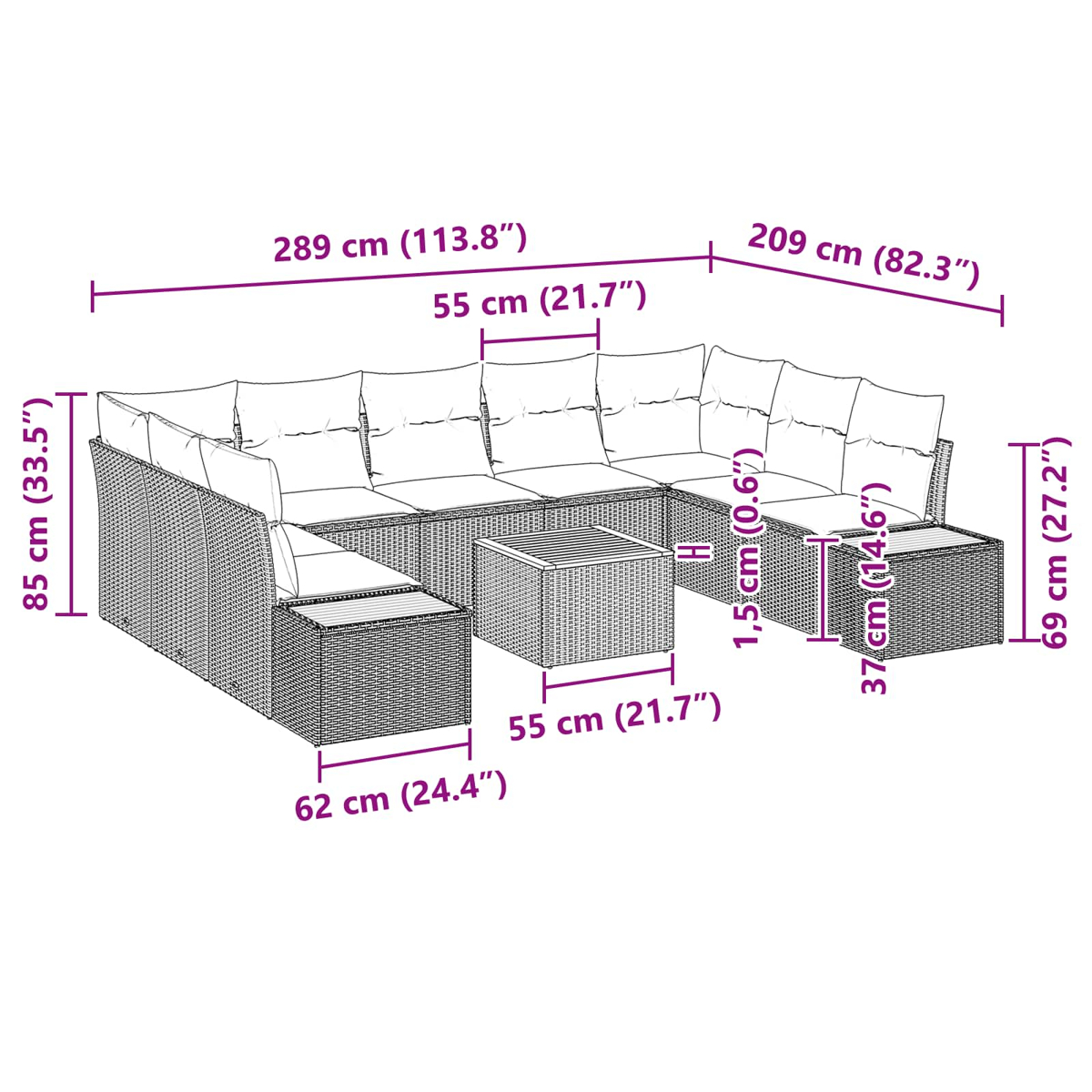 Diagrama de un sofá seccional exterior de mimbre con dimensiones en cm y pulgadas. Incluye una mesa de centro y cojines.