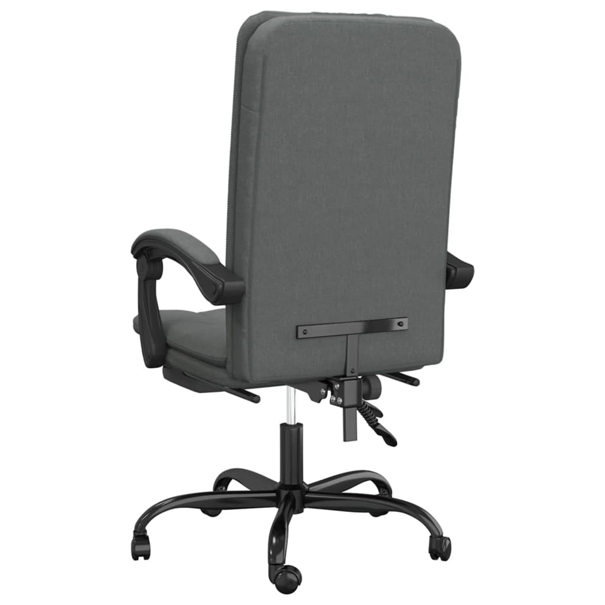 Rückansicht eines grauen Bürostuhls mit schwarzen Armlehnen, Fuß und Rollen. Der Stuhl steht vor weißem Hintergrund.