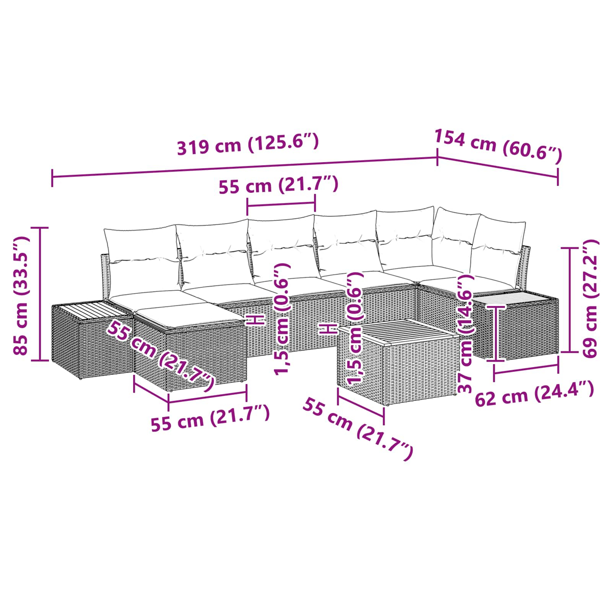 Diagramm eines Ecksofas mit Abmessungen in cm und Zoll. Es hat Kissen und einen Beistelltisch, mit Messungen auf dem Bild.