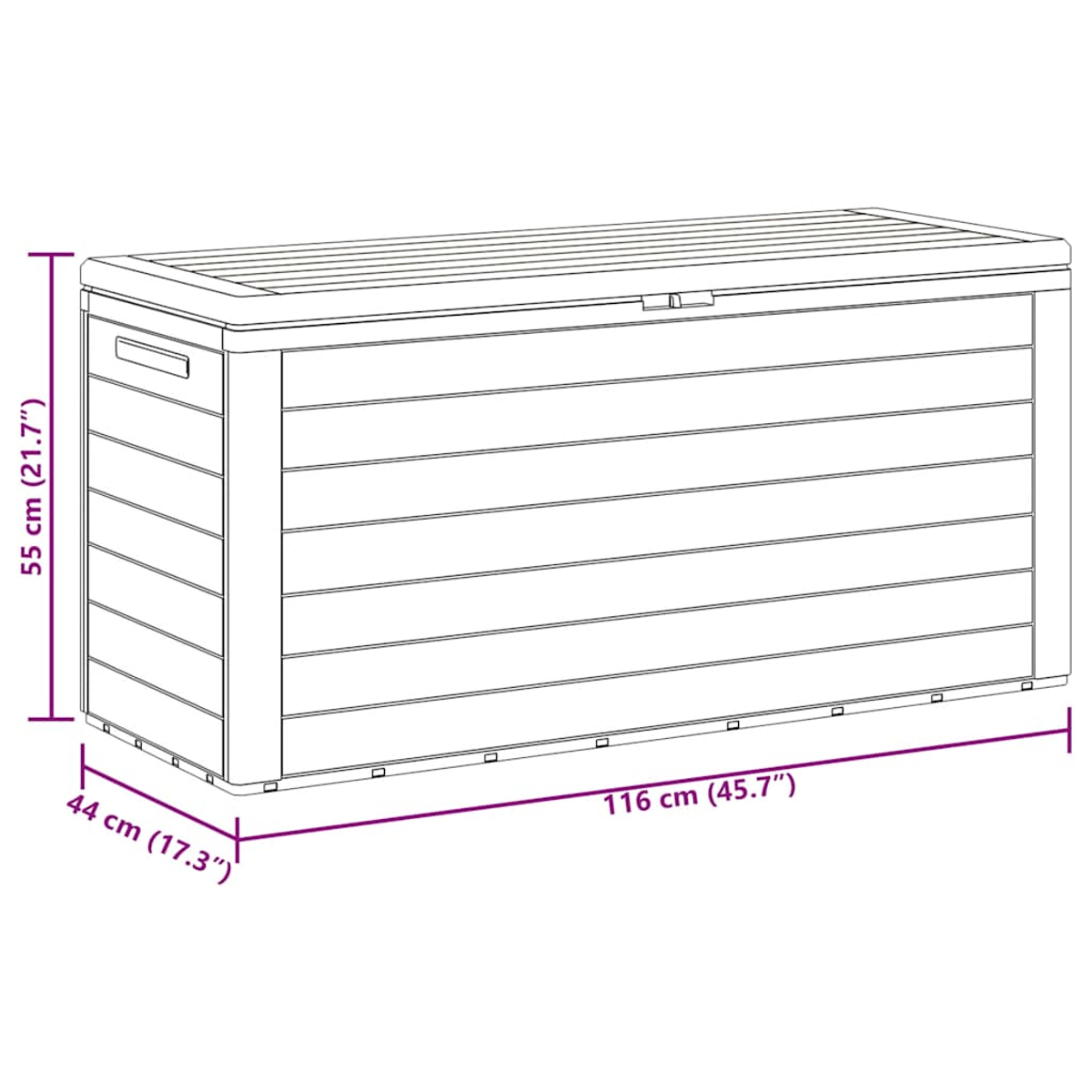 Eine weiße Aufbewahrungsbox mit Deckel. Abmessungen: 116 cm (45,7") breit, 55 cm (21,7") hoch und 44 cm (17,3") tief.