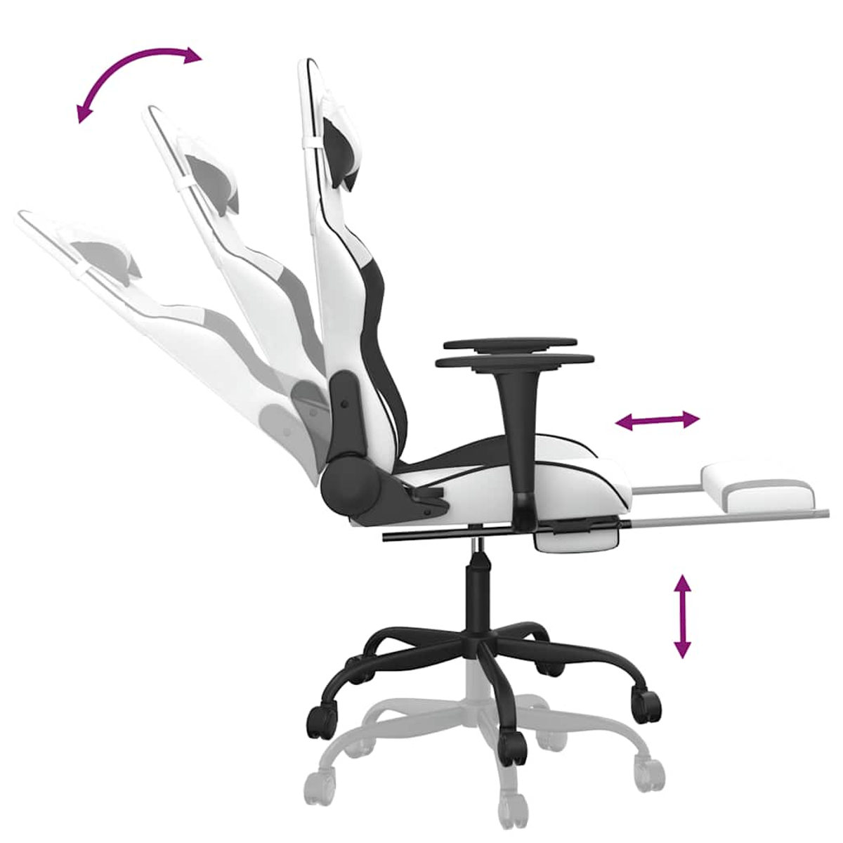 Ein weiß-schwarzer Gaming-Stuhl mit verstellbarer Rückenlehne und Armlehnen. Pfeile zeigen die Einstellungsmöglichkeiten an. Der Stuhl hat ein schwarzes Gestell mit Rollen.