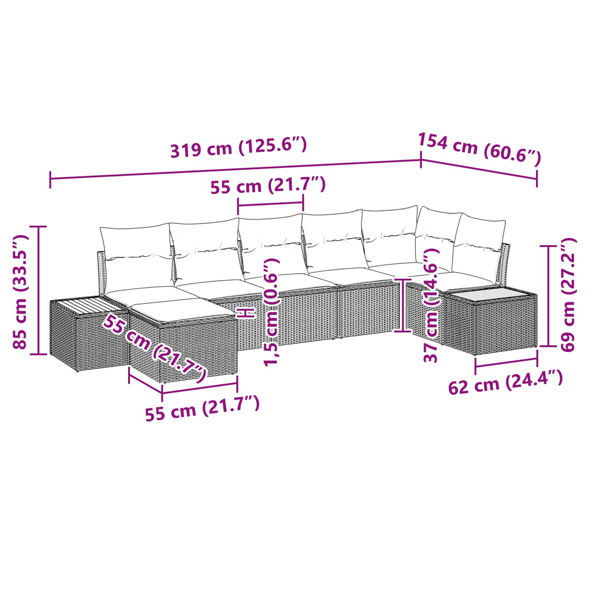 Ein Diagramm zeigt die Abmessungen eines Ecksofas. Maße in cm und Zoll. Das Sofa ist aus Korbgeflecht mit weißen Kissen.