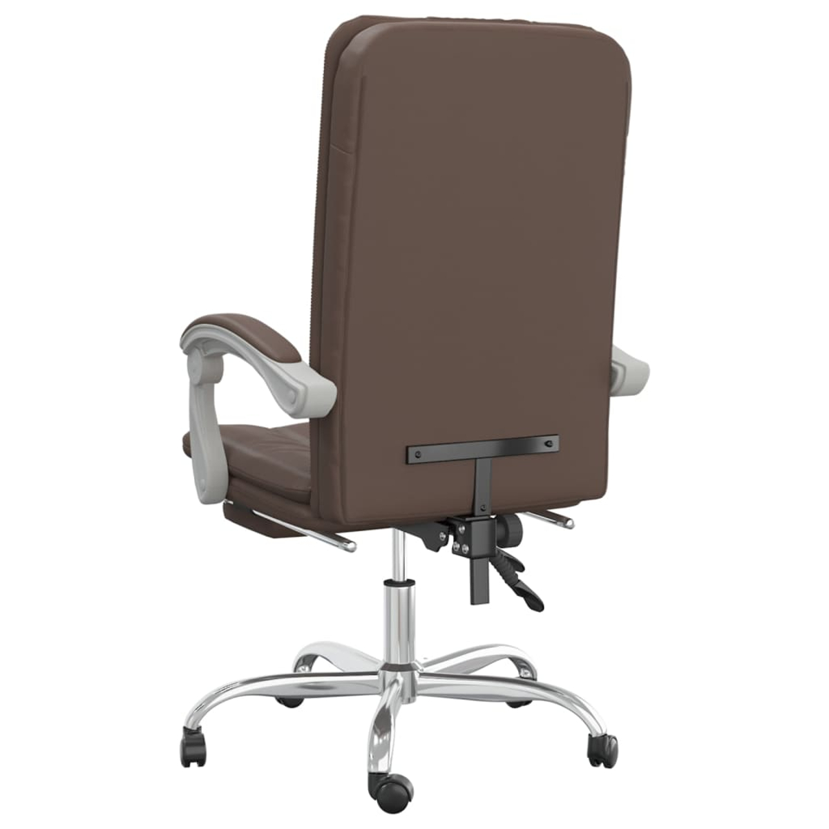 Brauner Bürostuhl von hinten betrachtet. Er hat eine hohe Rückenlehne, Armlehnen, ein Chromgestell und Rollen. Der Stuhl steht auf weißem Hintergrund.