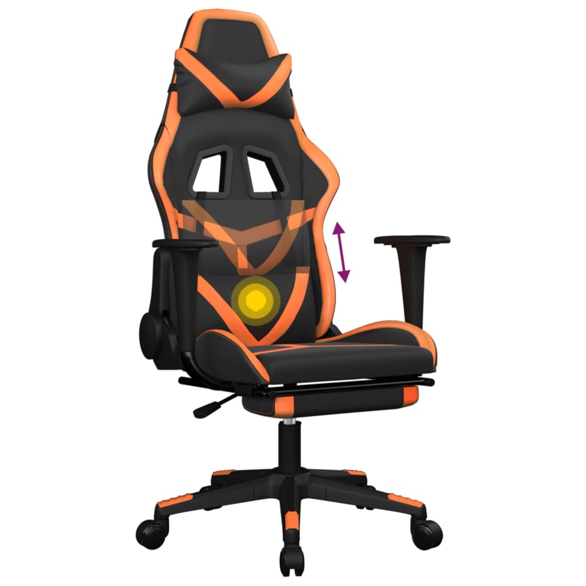 Gaming-Stuhl in Schwarz und Orange. Er hat Armlehnen, eine Kopfstütze und Räder. Der Sitz ist verstellbar.
