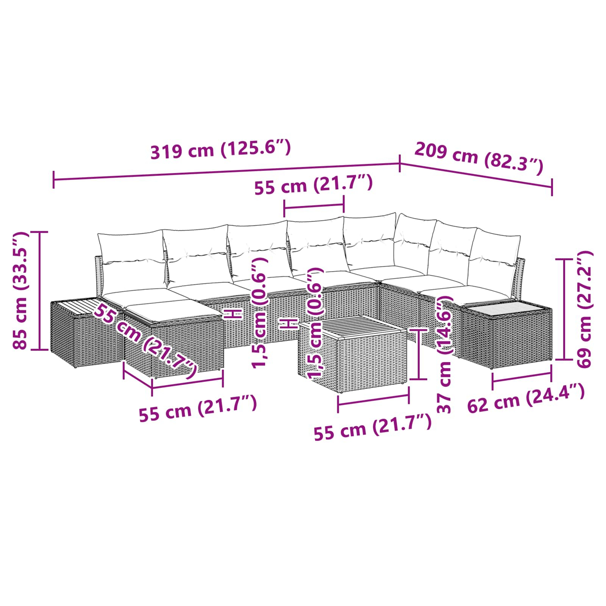 Diagramm eines Outdoor-Ecksofas mit Maßen. Es beinhaltet Kissen und einen kleinen Tisch.