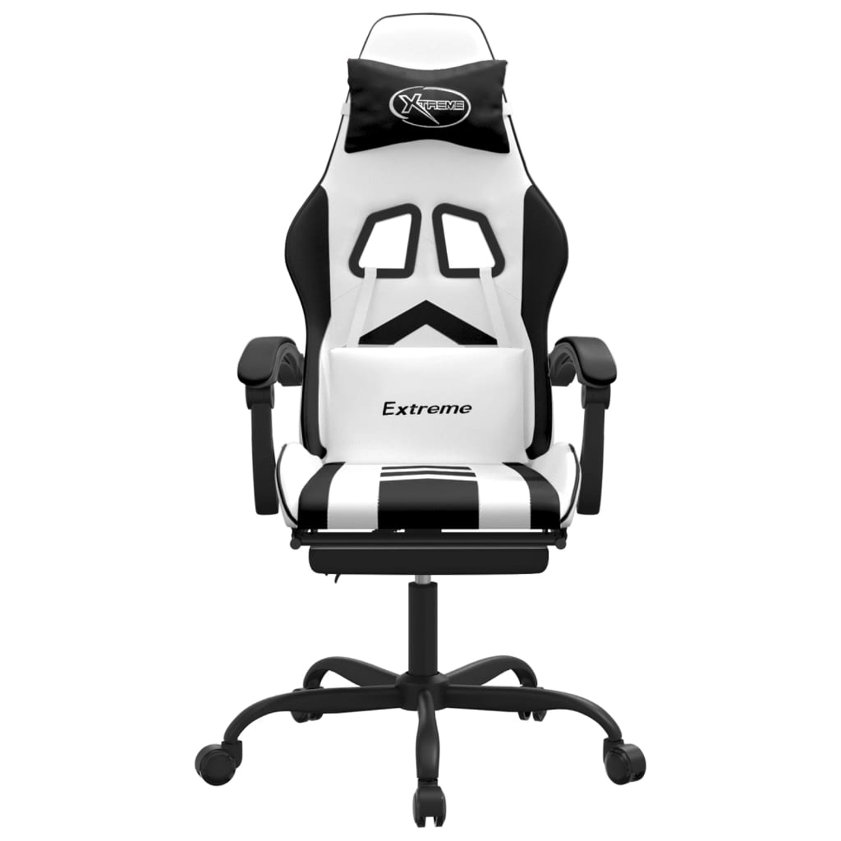Ein weiß-schwarzer Gaming-Stuhl ist zentriert. Er hat eine Kopfstütze mit dem Wort "Xtreme", Armlehnen und ein Gestell mit Rollen.