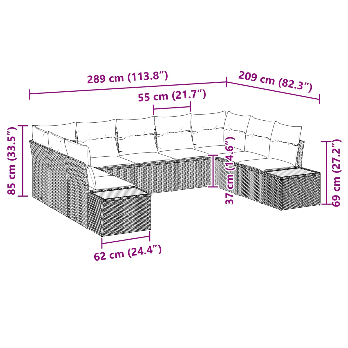 Diagramm eines großen Outdoor-Sofas mit Abmessungen. Es hat ein gewebtes Korbmuster und enthält Kissen, mit Maßen in cm und Zoll.
