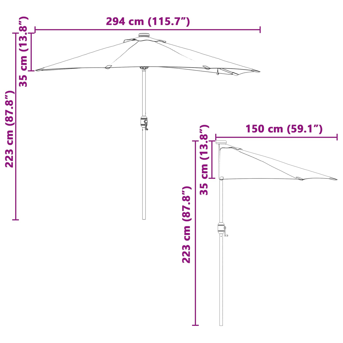 Diagramma che mostra due ombrelloni con misure. Uno è largo 294 cm e l'altro 150 cm. Entrambi sono alti 223 cm.