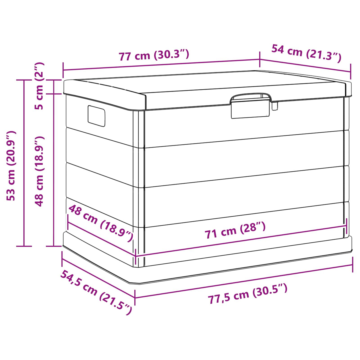 Eine weiße Aufbewahrungsbox, Abmessungen sind angegeben. Oben befindet sich ein Griff. Die Box ist rechteckig mit Maßangaben in cm und Zoll.