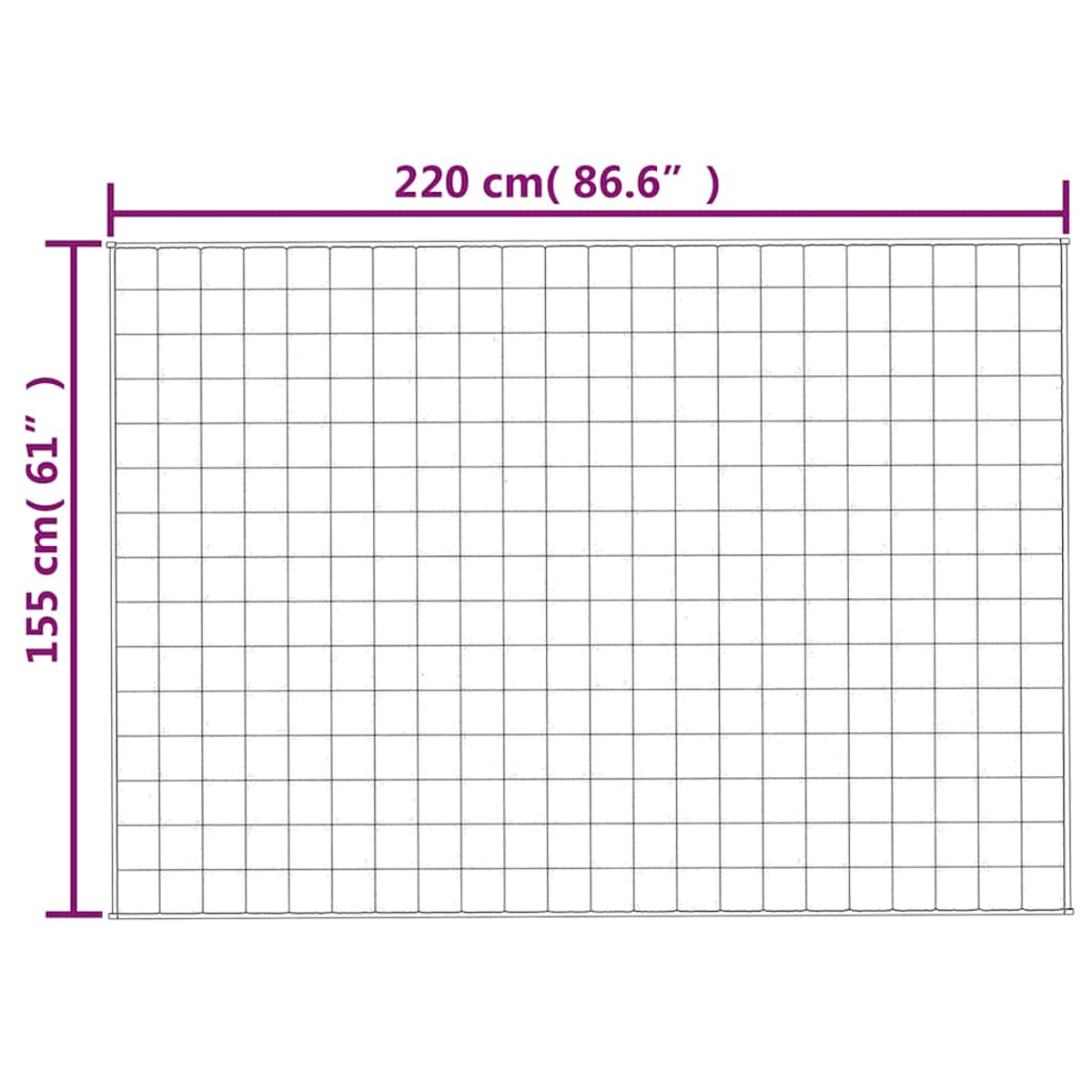 Ein Metallgitter mit den Maßen: 220 cm (86,6") breit und 155 cm (61") hoch. Das Gitter ist in viele Quadrate unterteilt.