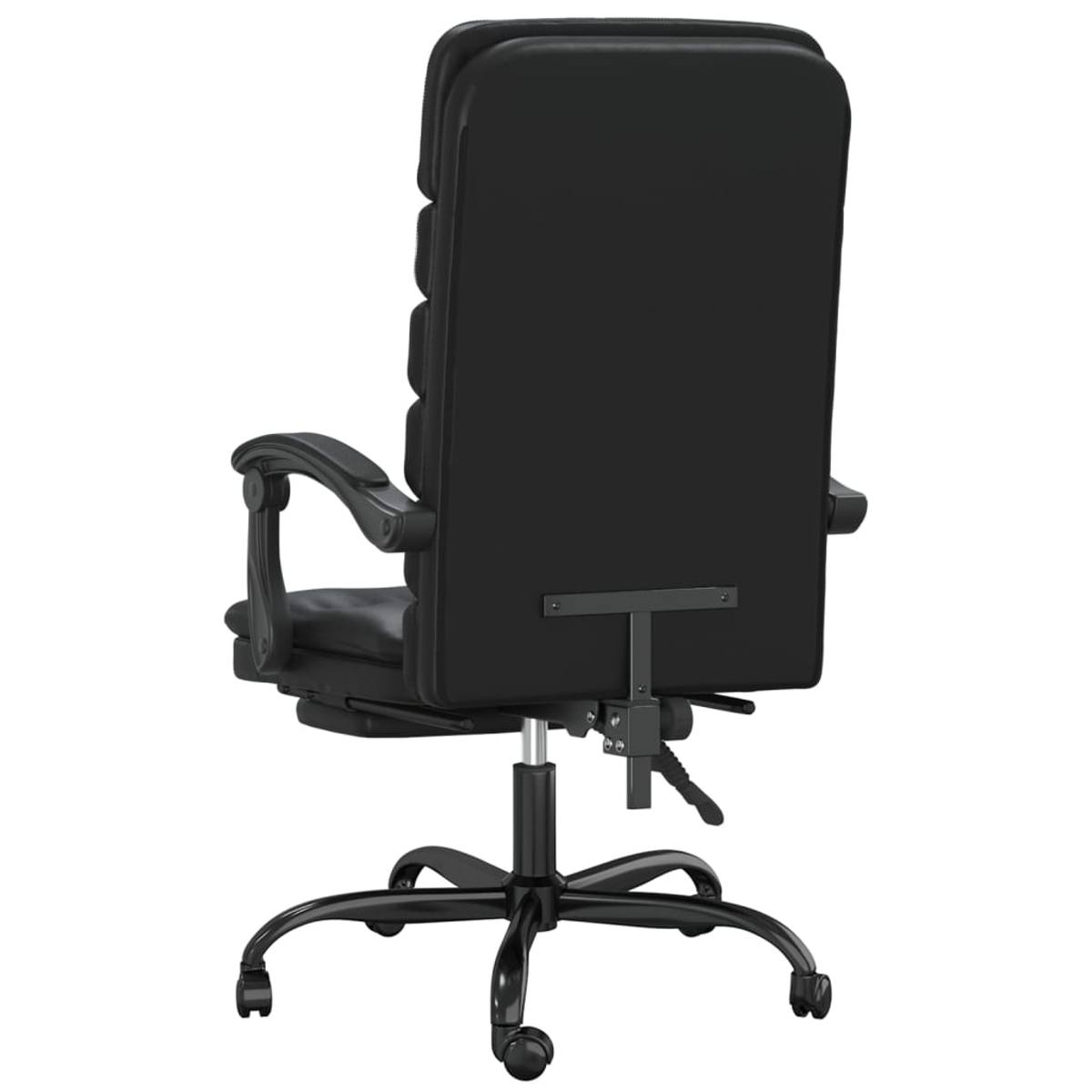 Rückseite eines schwarzen Bürostuhls. Hoher Rücken mit Polsterung, Armlehnen und einem Fünf-Sterne-Fuß mit Rollen.