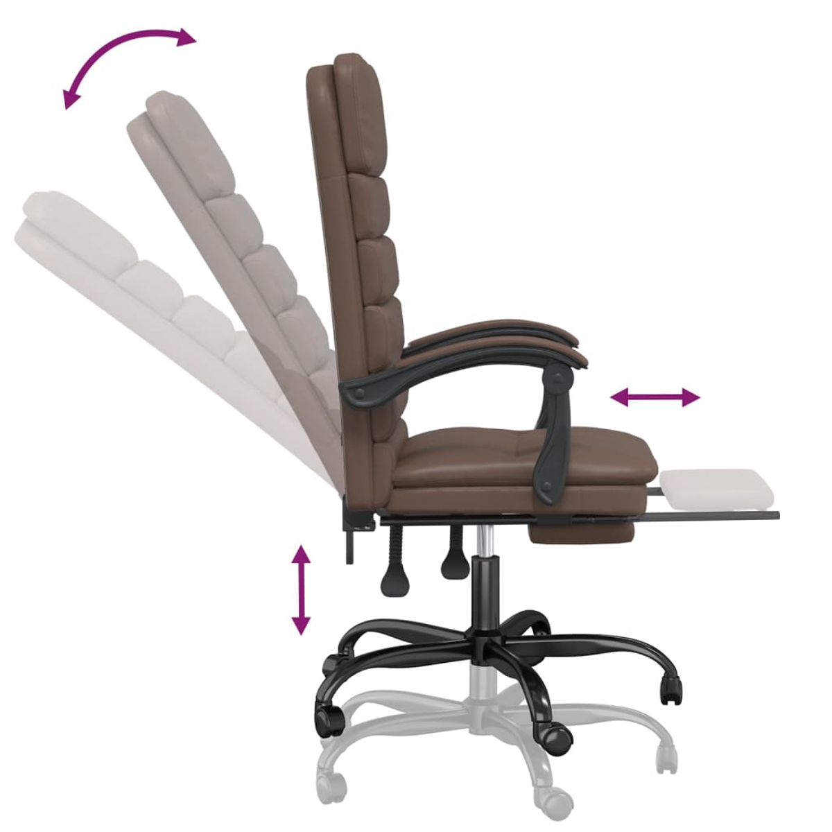 Ein brauner Bürostuhl mit verstellbarer Rückenlehne und Fußstütze. Pfeile zeigen die verstellbaren Funktionen.