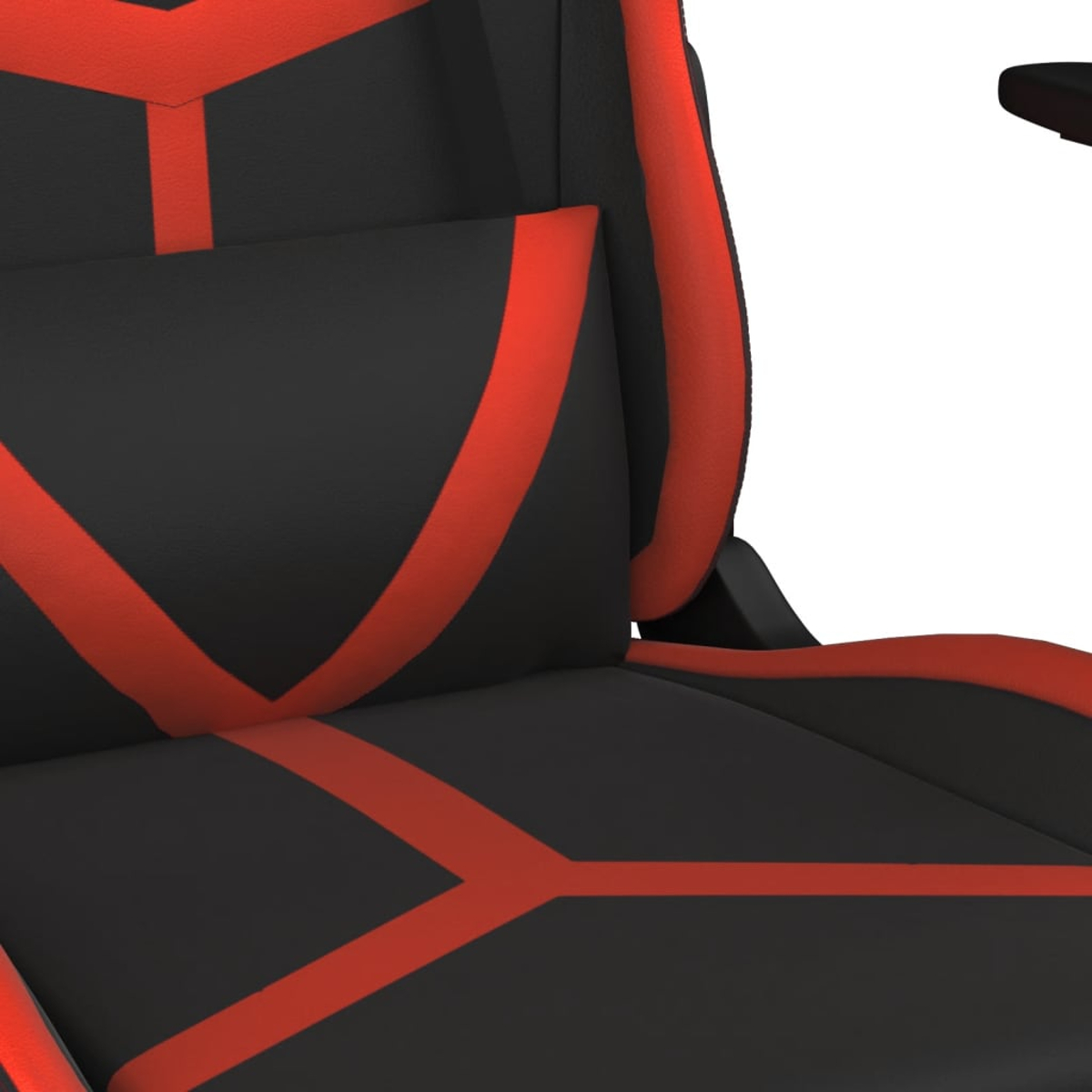 Nahaufnahme eines schwarz-roten Gaming-Stuhls. Rote Linien und Akzente auf schwarzem Hintergrund. Armlehne sichtbar.