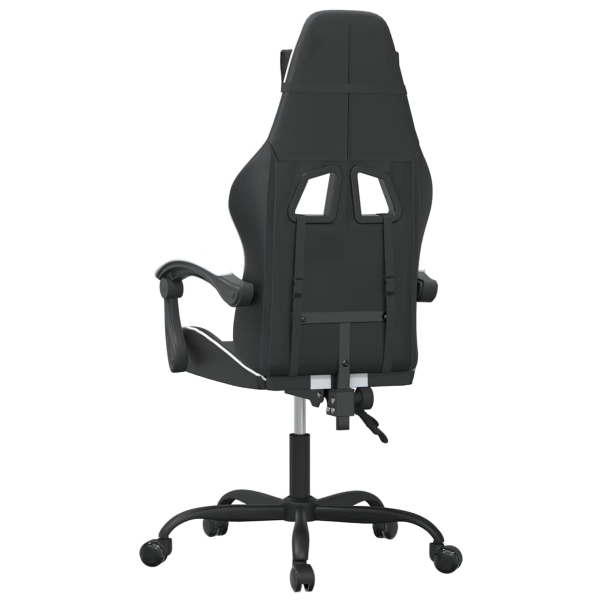 Ein schwarzer Gaming-Stuhl wird von hinten betrachtet. Er hat eine hohe Rückenlehne mit zwei Öffnungen, Armlehnen und ein Fünf-Rollen-Gestell.