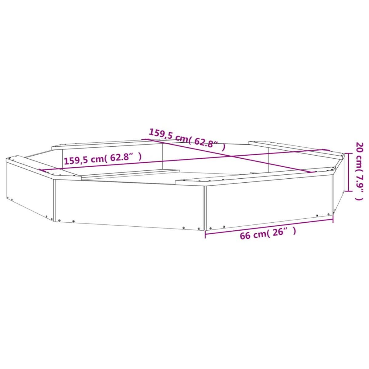 Un'aiuola rialzata ottagonale bianca con dimensioni etichettate. L'aiuola è vuota e ha un design semplice.