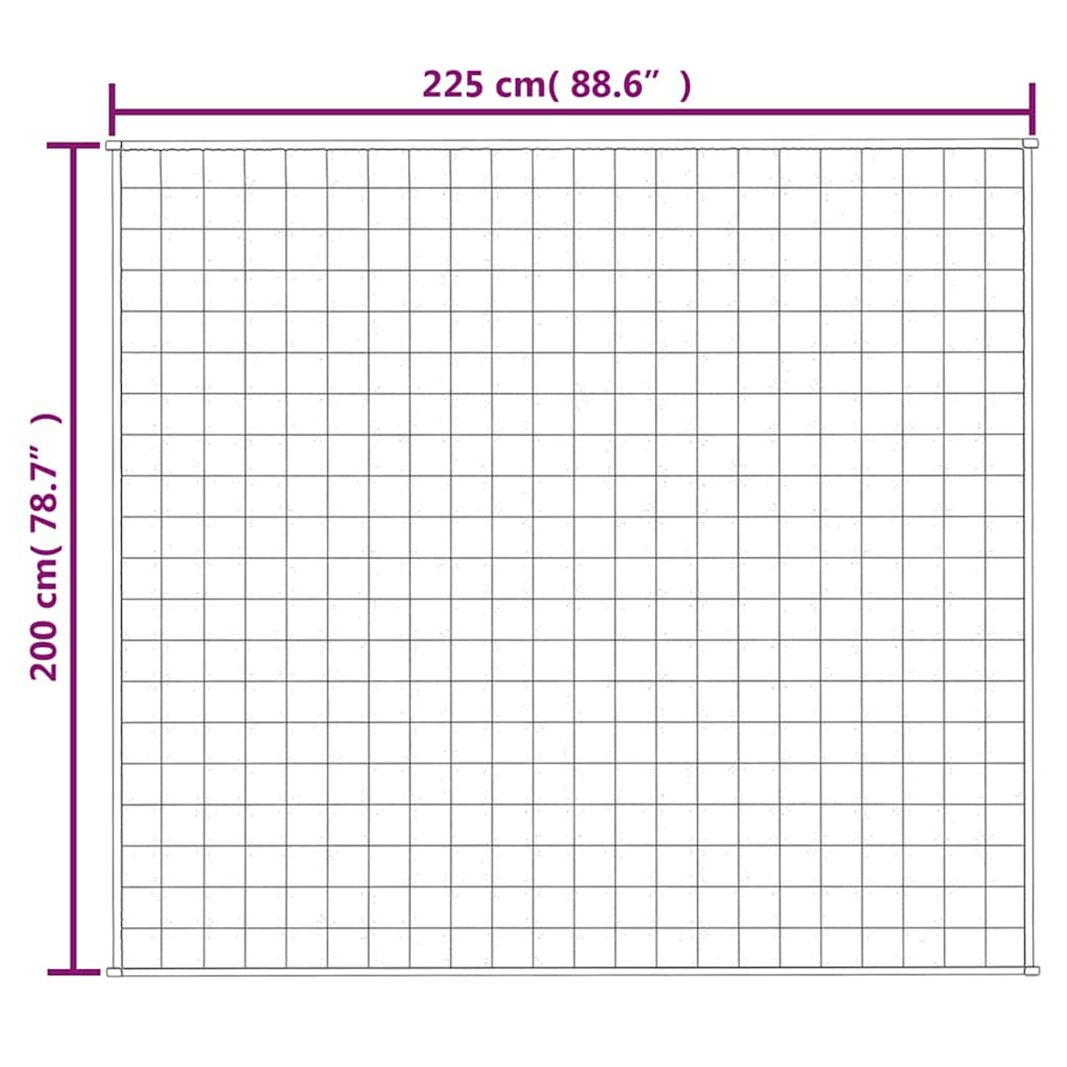 Ein weißes Rastermuster mit den Maßen 200 cm x 225 cm, umrandet in Lila, mit Maßen in Zentimetern und Zoll.