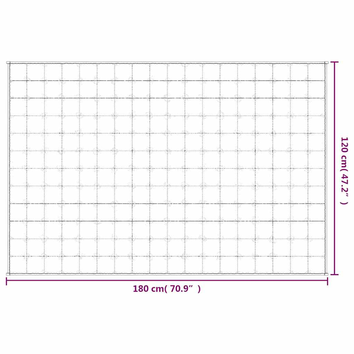Eine weiße Oberfläche mit einem Rastermuster. Die Abmessungen sind beschriftet: 180 cm (70,9") und 120 cm (47,2").