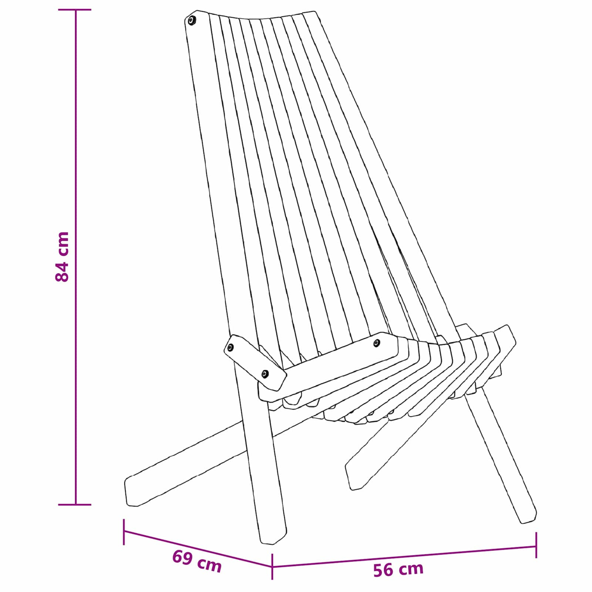 Holzstuhl-Umriss mit Maßen: 84 cm Höhe, 69 cm Breite, 56 cm Tiefe. Lattenrücken und -sitz, abgewinkelte Beine und sichtbare Verbindungen.