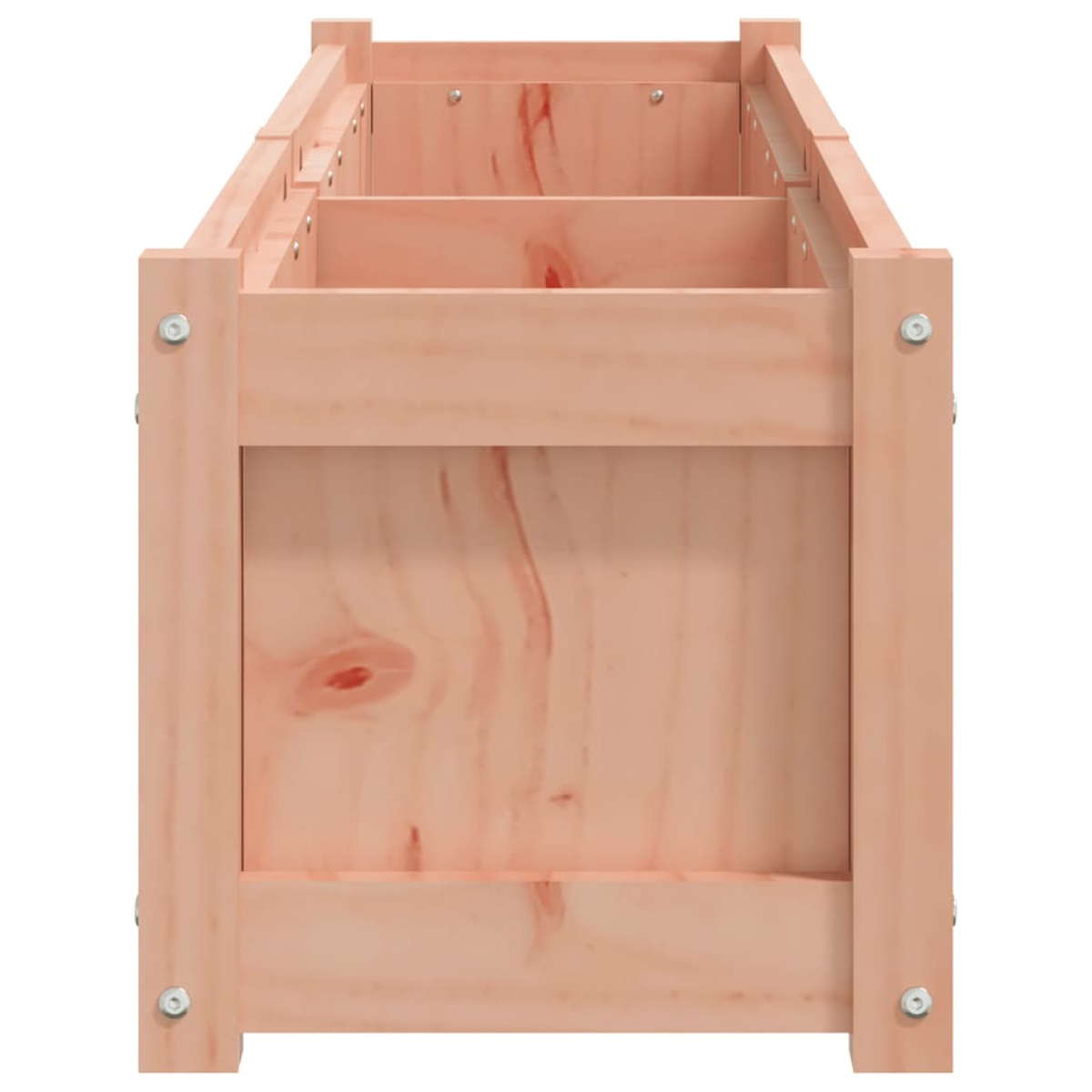 Eine hellbraune Holzkiste mit Innenteilern. Metallbolzen sichern den Rahmen. Die Holzmaserung ist sichtbar.