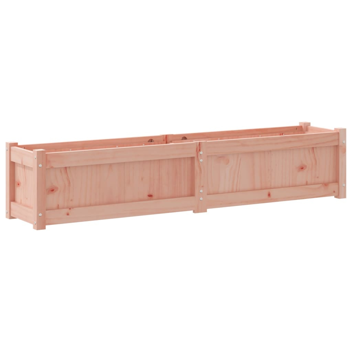 Eine lange, rechteckige Holzpflanzkasten. Es ist aus hellfarbenem Holz gefertigt. Die Kiste ist leer und hat ein einfaches Design.