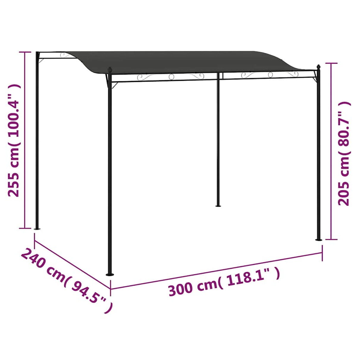 Ein schwarzer Metallpavillon mit gewölbtem Dach. Abmessungen sind angegeben: 255 cm Höhe, 240 cm Breite, 300 cm Länge und 205 cm Seitenhöhe.