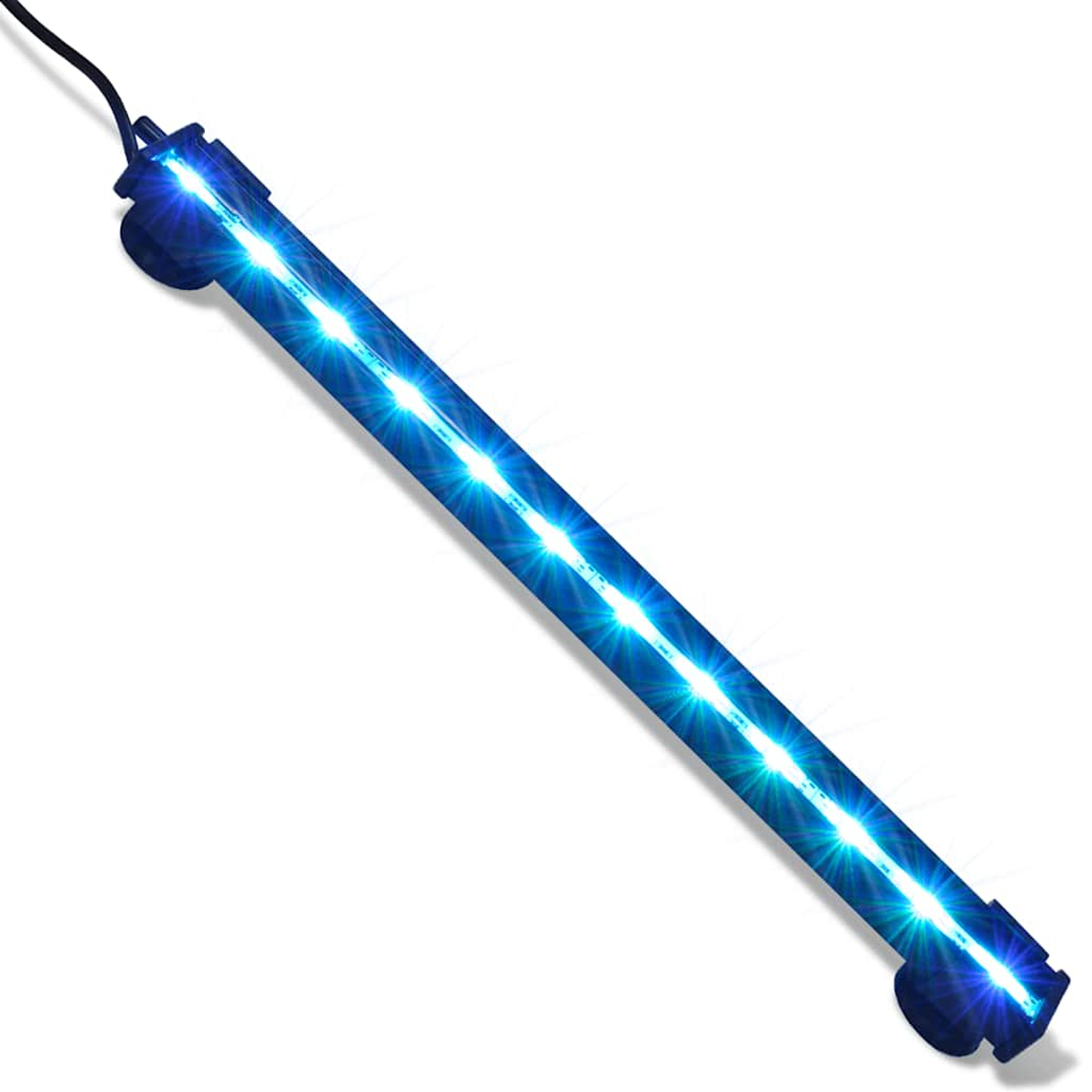 Eine blaue LED-Aquarienleuchte liegt diagonal auf einer weißen Oberfläche. Sie hat blaue Lichter und ein schwarzes Stromkabel.