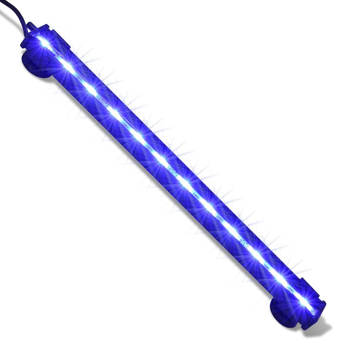 Eine blaue LED-Lichtröhre mit hellen weißen Lichtern, diagonal ausgerichtet. Die Röhre hat Saugnäpfe und ein schwarzes Kabel.