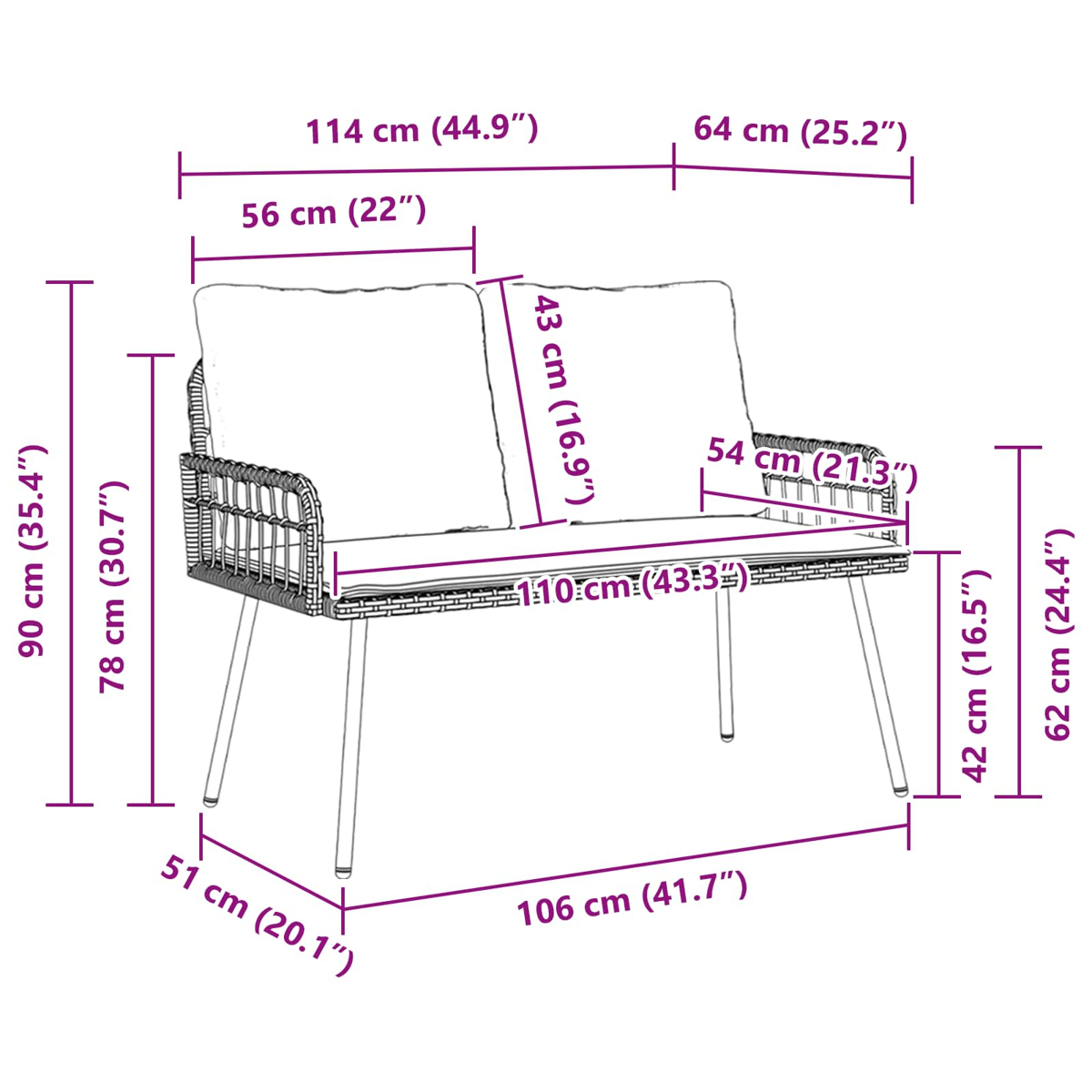 Ein Zweisitzer-Outdoor-Sofa mit Maßangaben in cm und Zoll. Es hat Kissen und Metallbeine. Das Sofa steht auf weißem Grund.