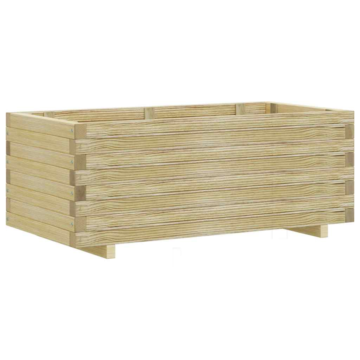 Eine rechteckige Pflanzkasten aus Holz. Die Box besteht aus hellfarbigem Holz und ist aus gestapelten horizontalen Brettern gefertigt.