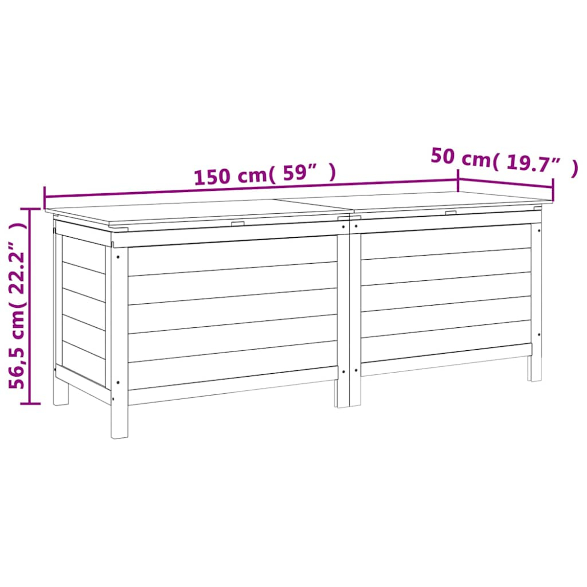 Eine zweigeteilte Holz-Truhe mit den Maßen: 150 cm (59"), 50 cm (19,7") und 56,5 cm (22,2").