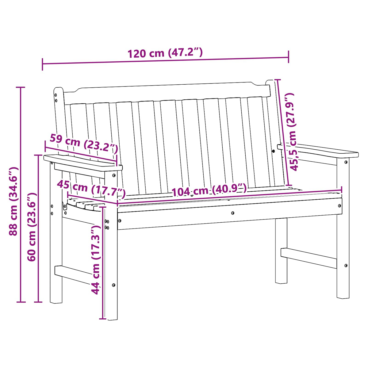 Una panca in legno bianco con etichette dimensionali viola. Dimensioni: lunghezza, altezza, braccioli.
