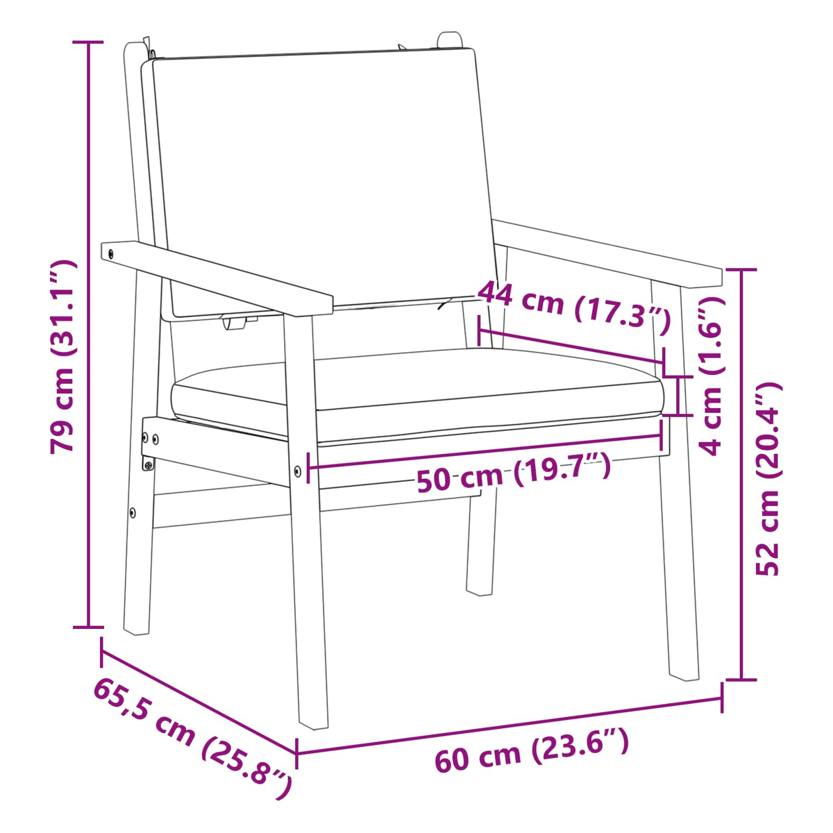 Diagramma di una sedia in legno con cuscini, dimensioni in centimetri e pollici: altezza 79 cm, larghezza 60 cm, profondità 65,5 cm.