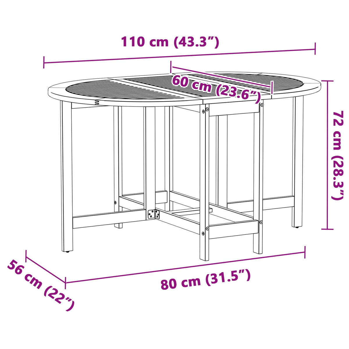 Diagramm eines Holztisches mit Abmessungen in cm und Zoll. Der Tisch ist oval mit einer Lattenoberfläche und vier Beinen.