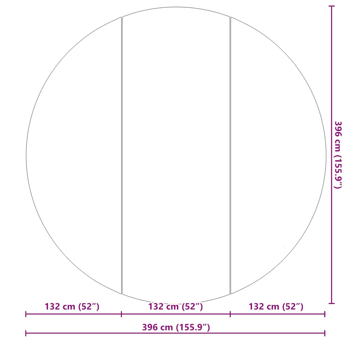 Ein Diagramm zeigt einen großen Kreis, der durch vertikale Linien in drei gleiche Abschnitte unterteilt ist. Abmessungen sind in cm und Zoll angegeben.