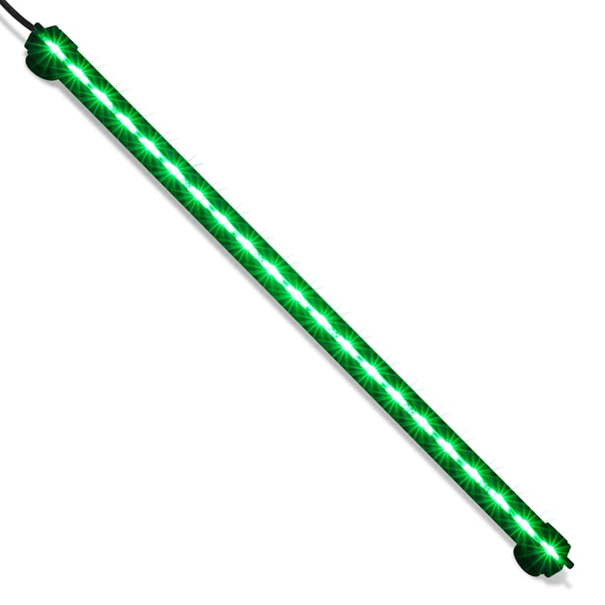 Ein grüner LED-Lichtstreifen auf weißem Hintergrund. Er ist diagonal abgewinkelt. Das Licht ist hellgrün und der Streifen ist schwarz.