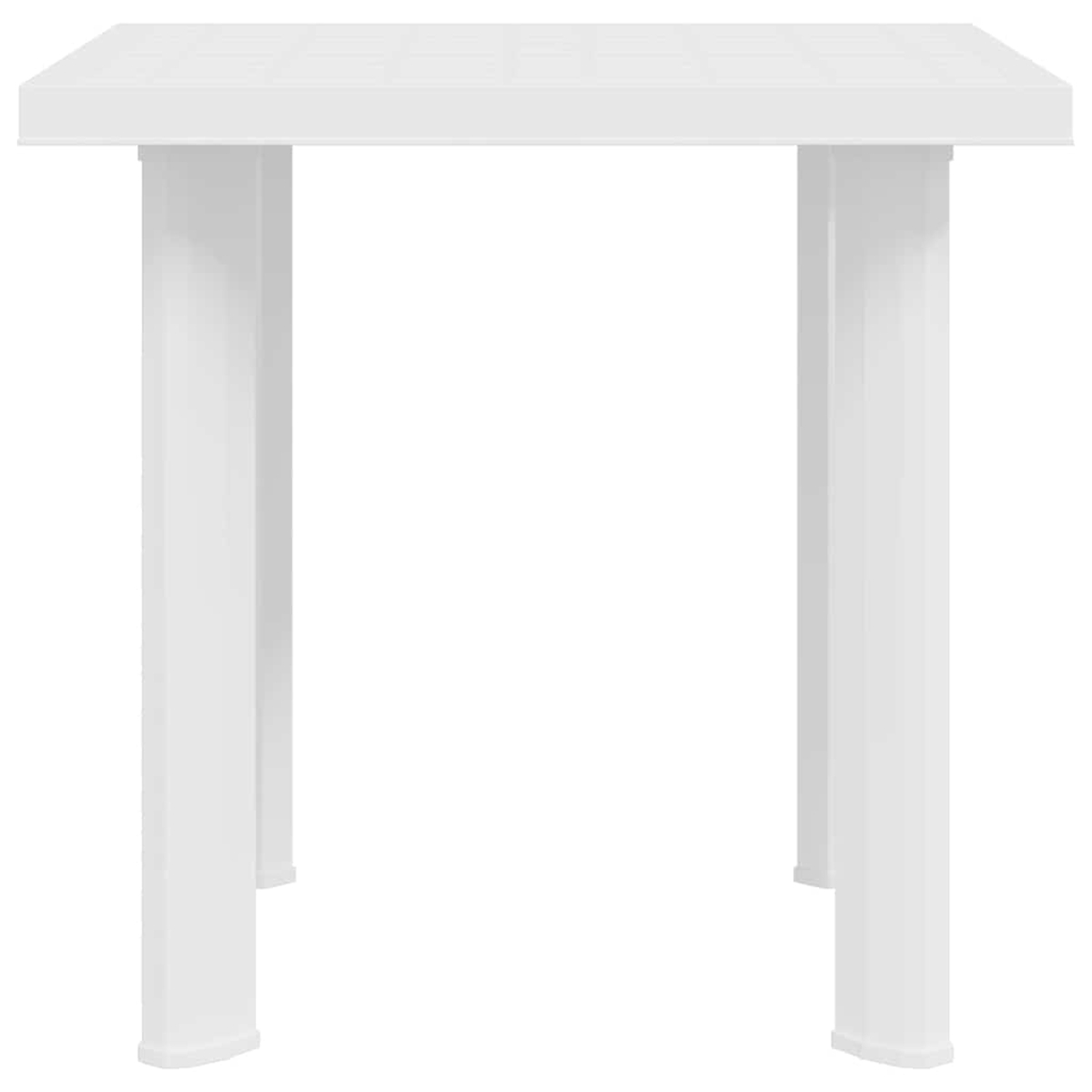 Ein weißer quadratischer Tisch mit vier rechteckigen Beinen. Der Tisch besteht aus Kunststoff und steht auf weißem Hintergrund.