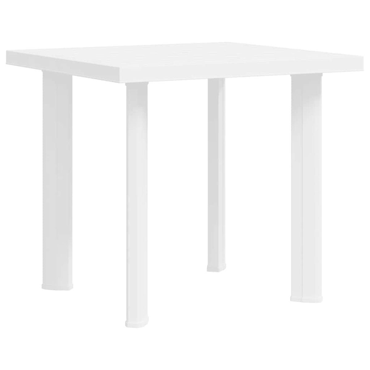 Ein quadratischer, weißer Tisch mit vier weißen Beinen. Der Tisch besteht aus Kunststoff und ist wahrscheinlich für den Außenbereich geeignet.