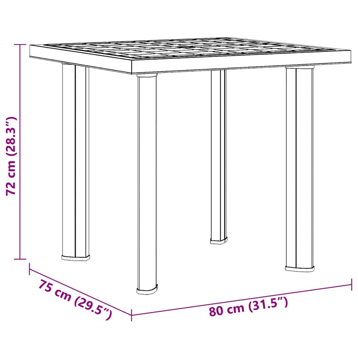 Ein quadratischer Tisch mit gemusterter Tischplatte und vier Beinen. Abmessungen sind beschriftet: 72 cm (28,3 Zoll), 75 cm (29,5 Zoll) und 80 cm (31,5 Zoll).