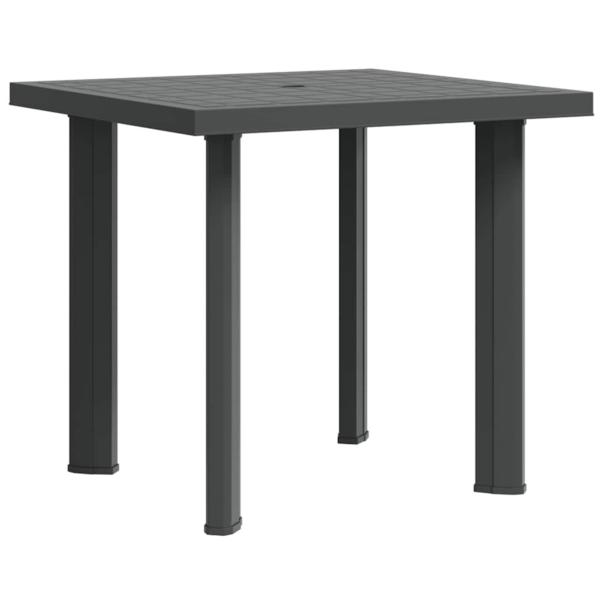 Ein dunkelgrauer quadratischer Tisch mit vier Beinen. Der Tisch hat eine strukturierte Oberfläche und ist freigestellt.