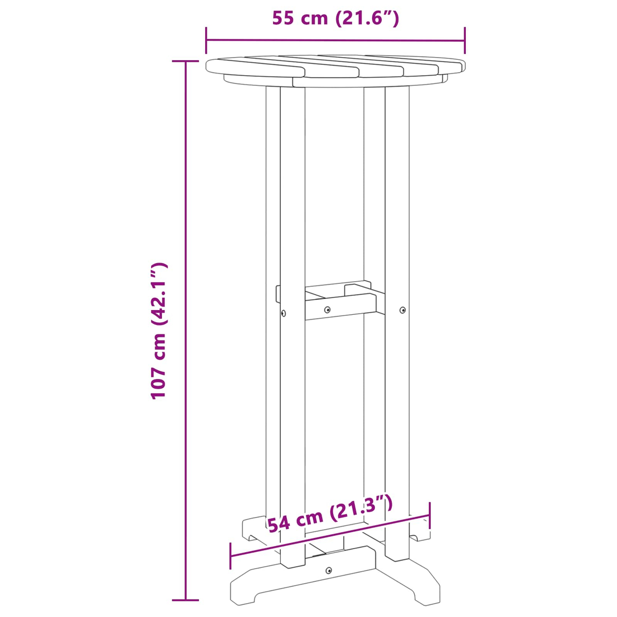 Diagrama de una mesa alta de bar de madera con medidas: 107 cm de alto, 55 cm de ancho y 54 cm en la base. Es marrón claro.