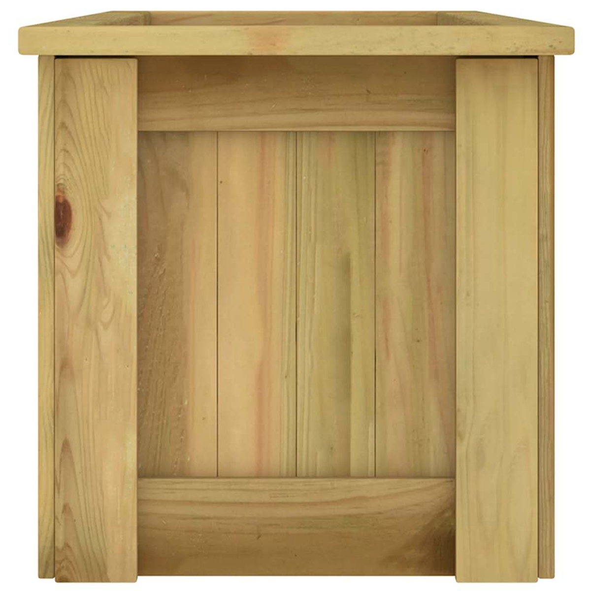 Una fioriera quadrata in legno, marrone chiaro. Tavole di legno verticali formano i lati. La parte superiore ha un bordo.