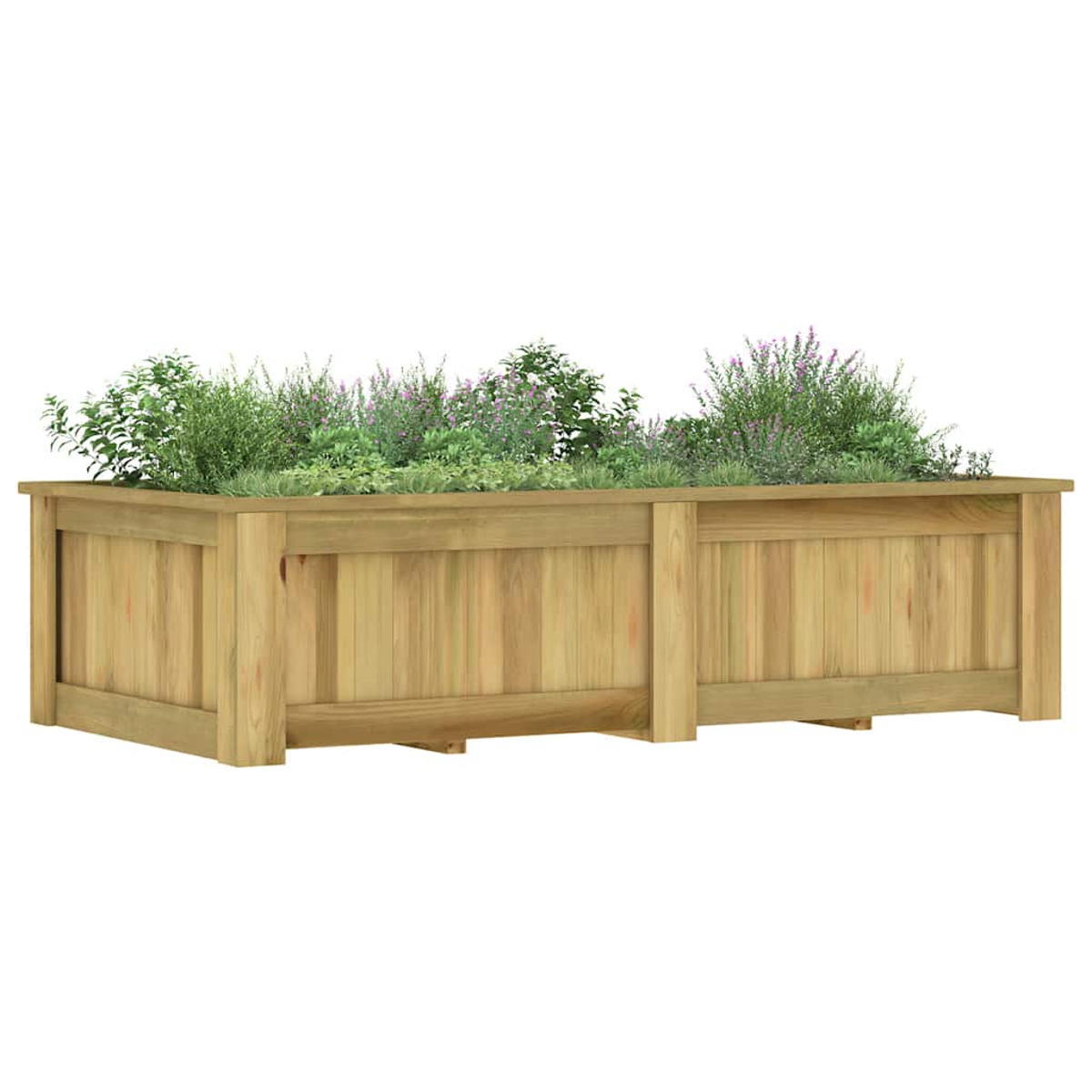 Holzpflanzkasten mit grünen und lila blühenden Pflanzen gefüllt. Die Box besteht aus hellbraunem Holz.