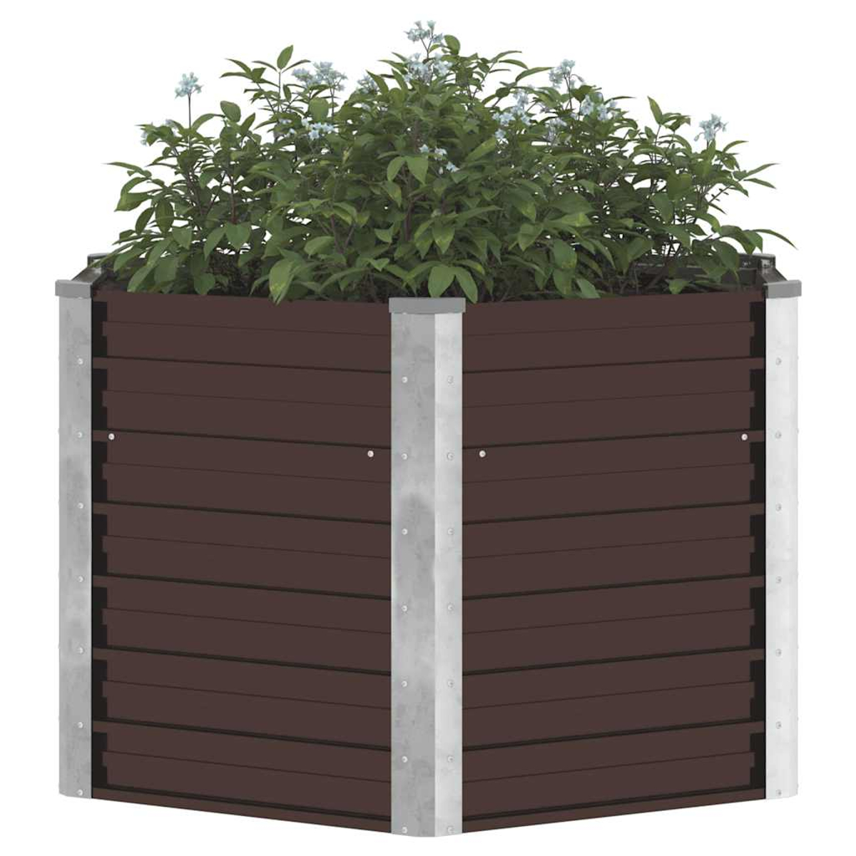 Ein quadratischer Holzblumentopf mit grünen Pflanzen und kleinen blauen Blüten. Eckpfosten aus Metall umrahmen das braune Holz.